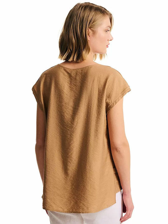 Forel Women's Blouse Short Sleeve with V Neck Brown