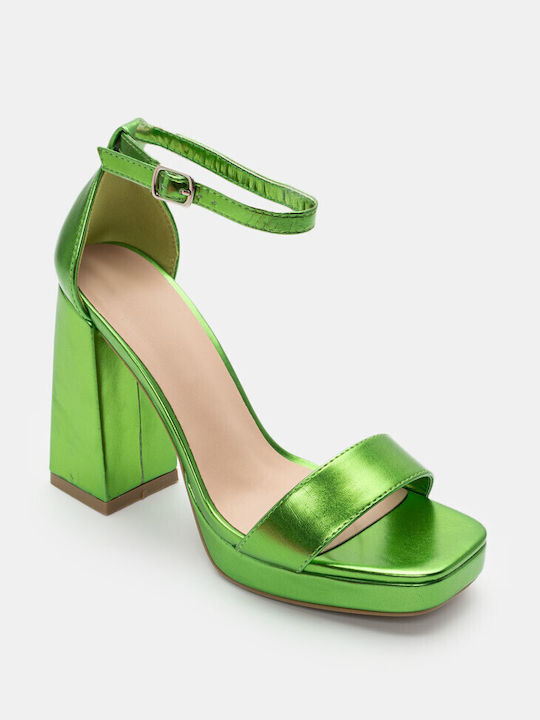 Luigi Platform Synthetic Leather Women's Sandals with Ankle Strap Green with Low Heel