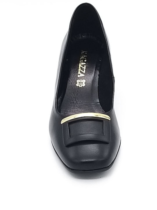 Δερμάτινες Γόβες με Χοντρό Χαμηλό Τακούνι Black Leather