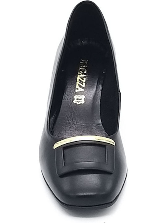 Δερμάτινες Γόβες με Χοντρό Χαμηλό Τακούνι Black Leather