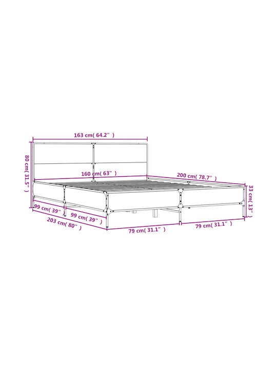 Double Wooden Brown Bed with Slats for Mattress 160x200cm