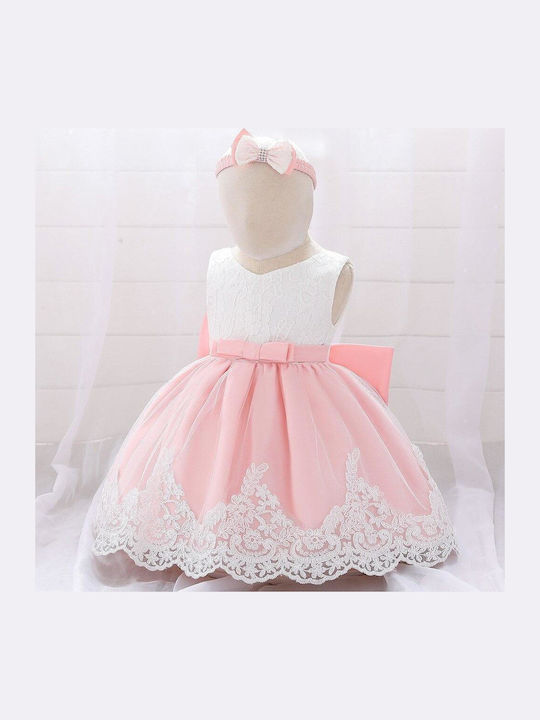 Girls Dress Sleeveless with Lace Floral with Accessories Pink