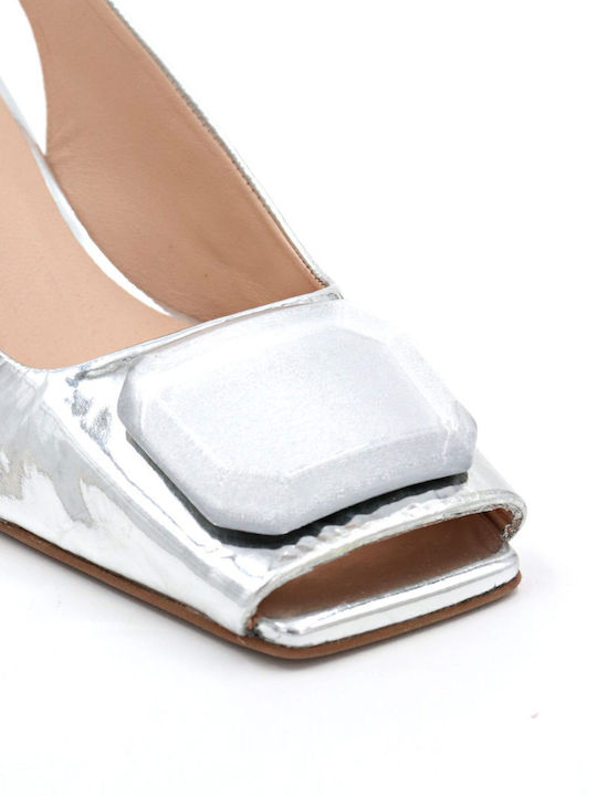 Leather Silver Medium Heels with Strap