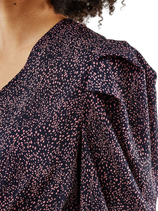 Women's Crop Top Long Sleeve with V Neckline Polka Dot Navy