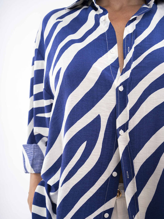 MyCesare Women's Striped Long Sleeve Shirt Blue