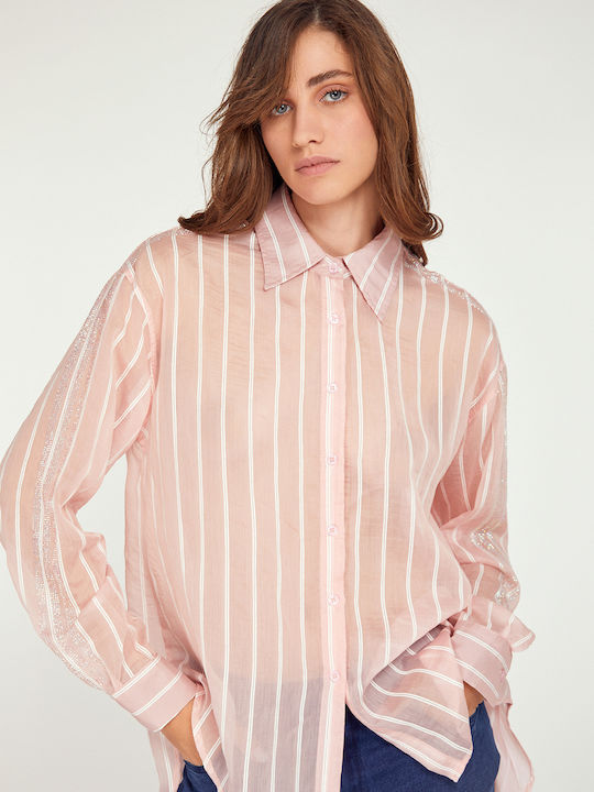MyCesare Women's Striped Long Sleeve Shirt Pink