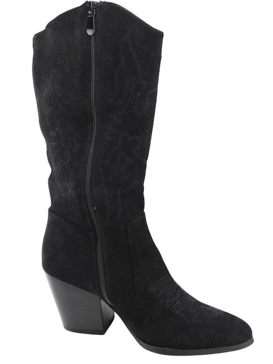 Black Suede Cowboy Boots with Stitching