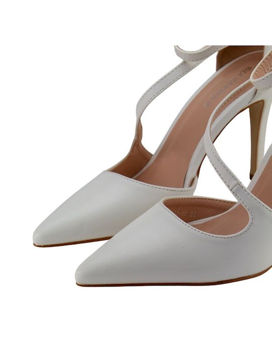 White Pointed Toe Heels with Strap and Buckle