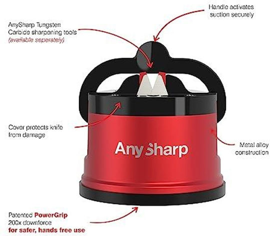 Anysharp Pro Метална Острилка за Ножове Безопасна с Вакуумно Закрепване Заточва Всички Кухненски Ножове Идеална за Закалена Стомана и Назъбени Остриета Най-добрата в Света Компактна Един Размер Дълбоко Червен Метал