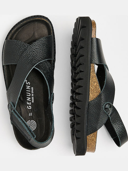 Leder Flache Sandalen für Damen Anatomisch mit Riemen in Schwarz Farbe