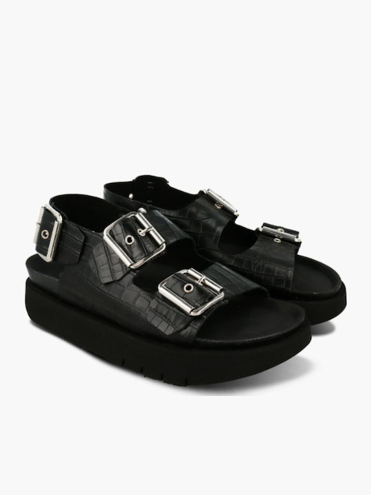 Leder Flache Sandalen für Damen Anatomisch in Schwarz Farbe