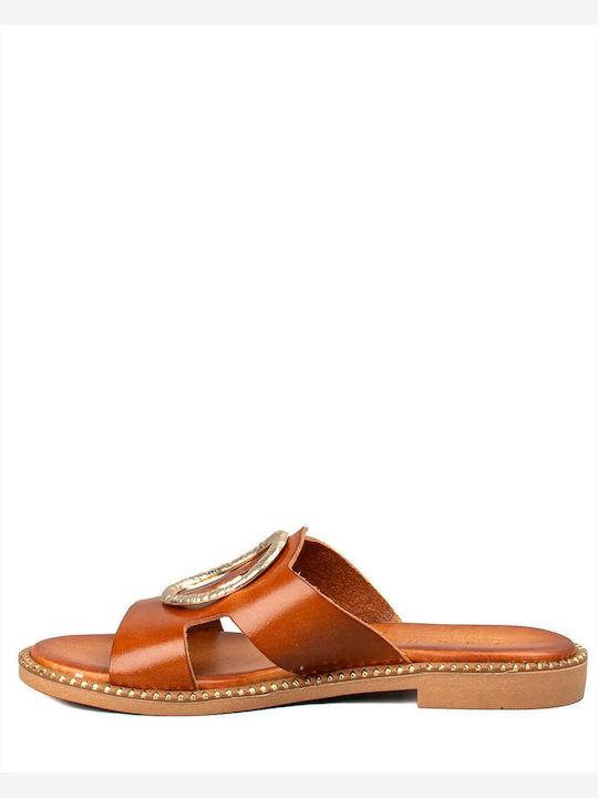 Leather Women's Flat Sandals in Tabac Brown Color