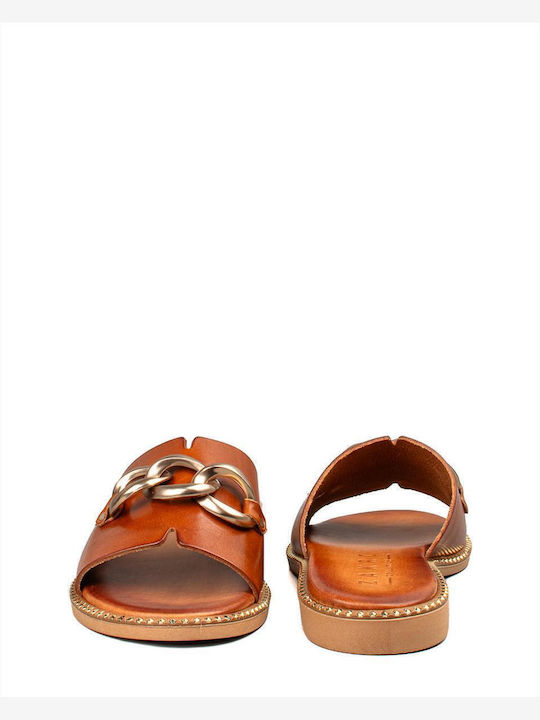 Leather Women's Flat Sandals in Tabac Brown Color
