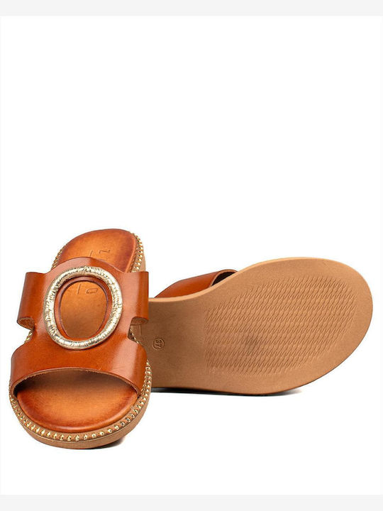 Leather Women's Flat Sandals in Tabac Brown Color