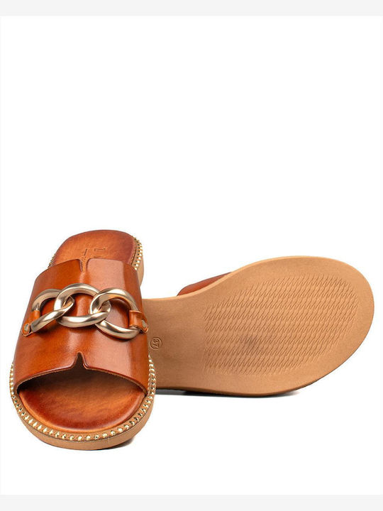 Leather Women's Flat Sandals in Tabac Brown Color