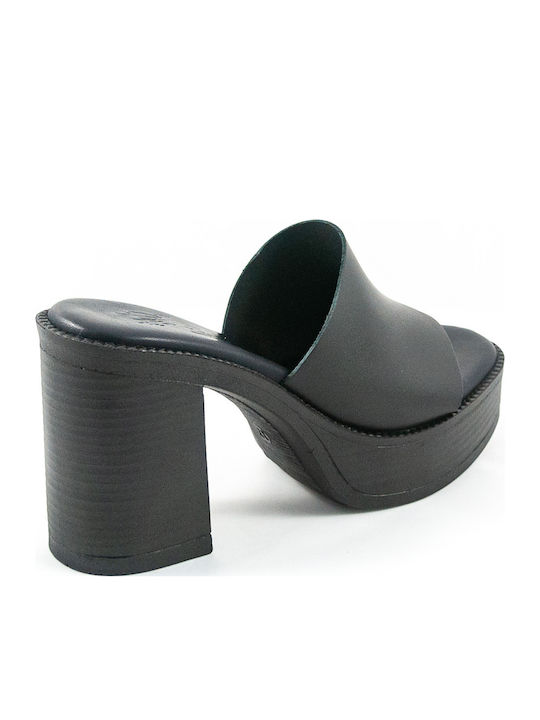 Leather Mules with High Heel in Black Color