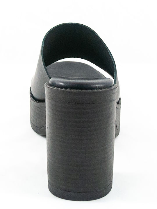 Leather Mules with High Heel in Black Color