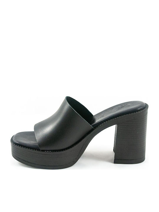 Leather Mules with High Heel in Black Color