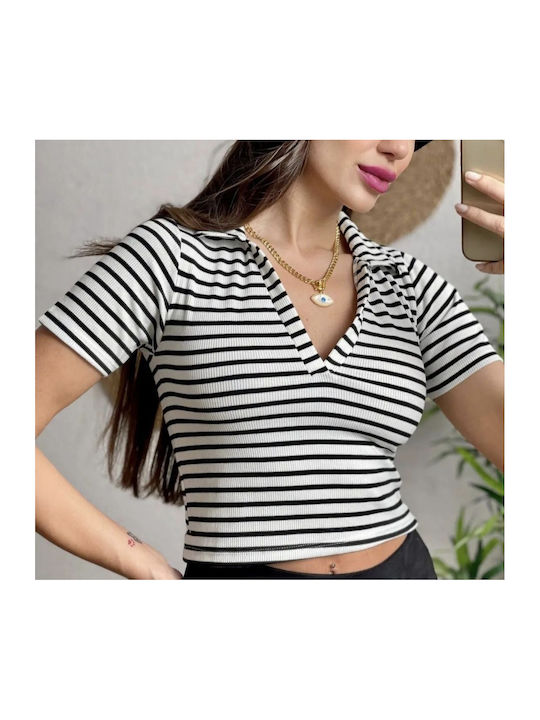 Concept Women's Blouse Short Sleeve Striped White and black