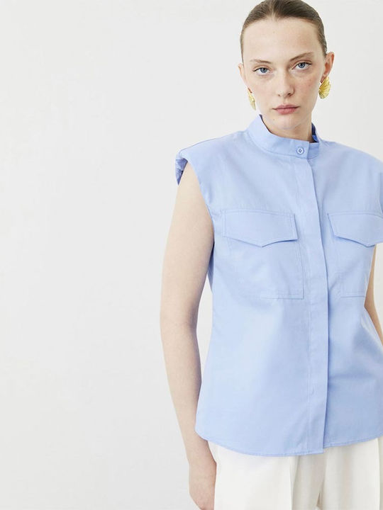 Sleeveless Women's Cotton Shirt Light Blue