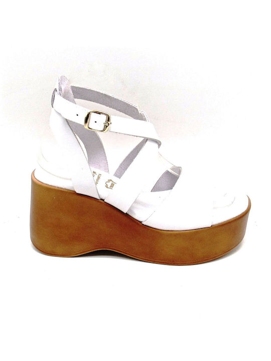 Ipodima Women's Leather Ankle Strap Platforms White