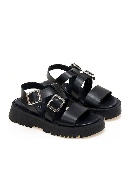 Leather Women's Flat Sandals Flatforms in Black Color