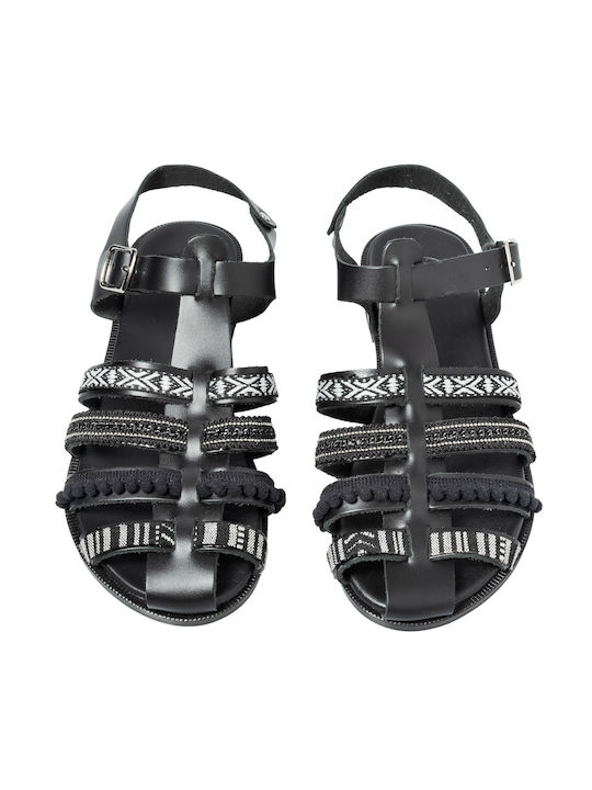 Philio Leder Damen Flache Sandalen Anatomisch in Schwarz Farbe