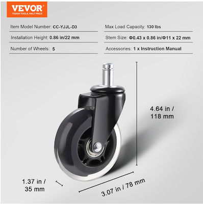 Vevor Möbelrad Metallisch in Schwarz Farbe 7.62x7.62x11.8cm 5Stück