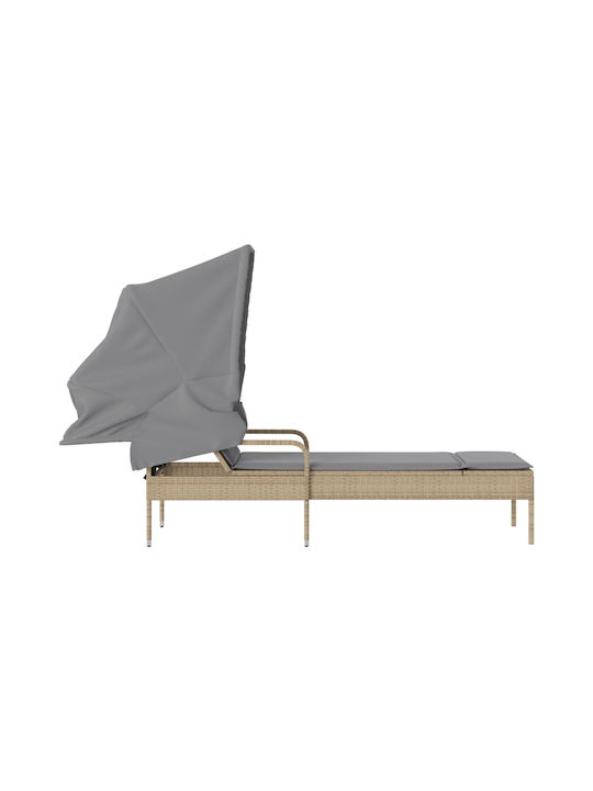 Deckchair Rattan with Cushion & Sunshade Beige 200x55cm.