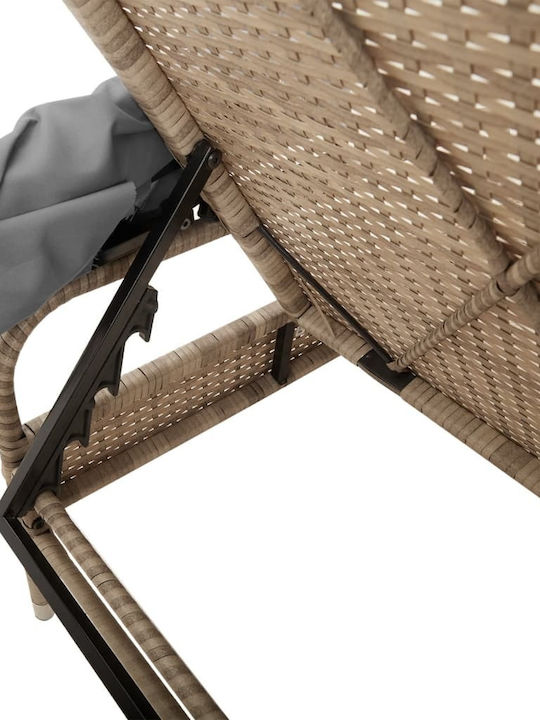 Deckchair Rattan with Cushion & Sunshade Beige 200x55cm.