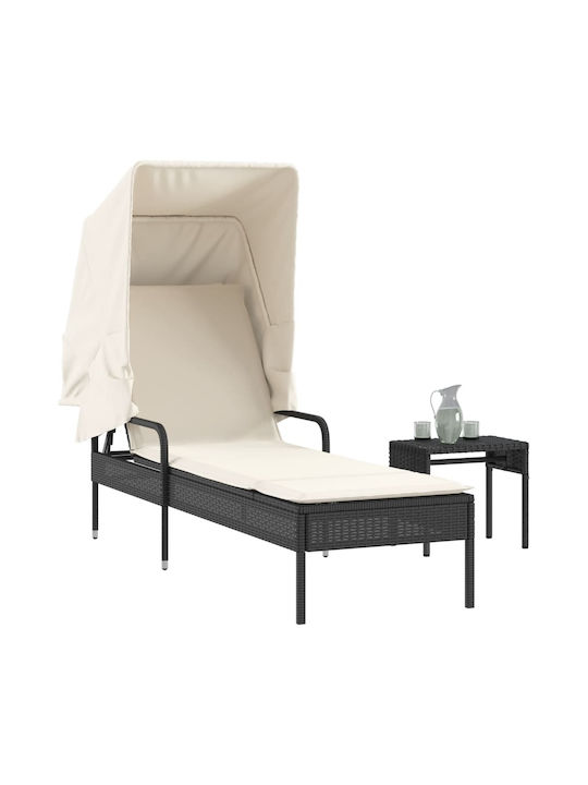 Deckchair Rattan with Cushion & Sunshade Black with Table 200x55cm.