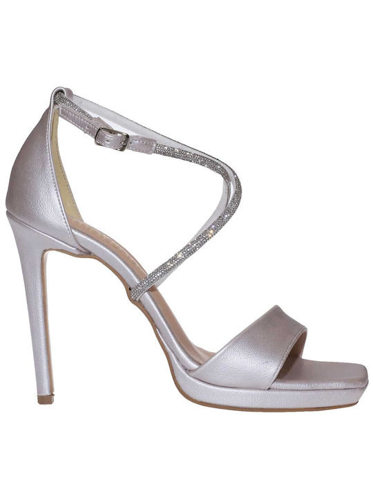 Malena Platform Leather Women's Sandals with Strass & Ankle Strap Beige with Thin High Heel