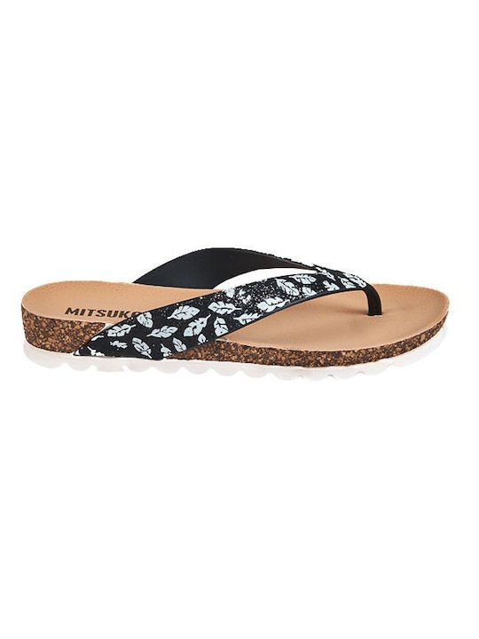 Mitsuko Sa64180w-bla Women's Flip Flops Double Glitter Black Leaves