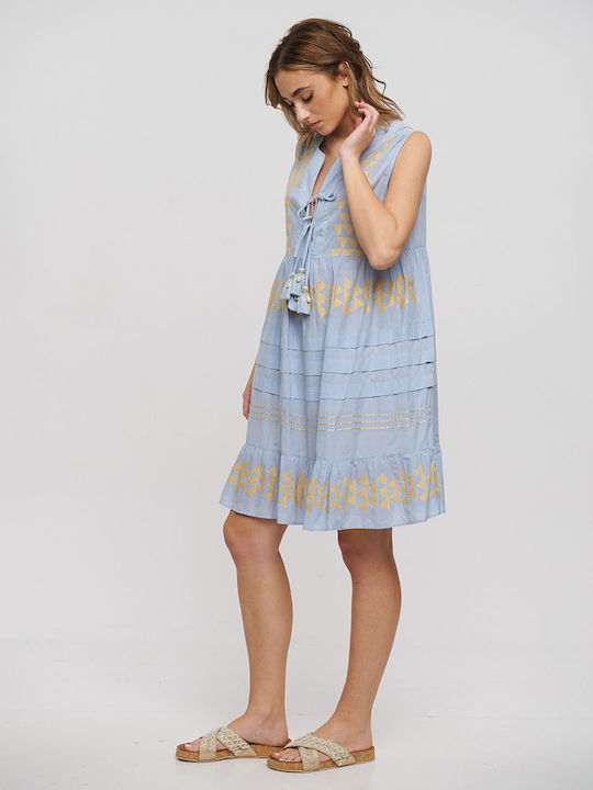 Summer Mini Dress with Ruffles Light Blue