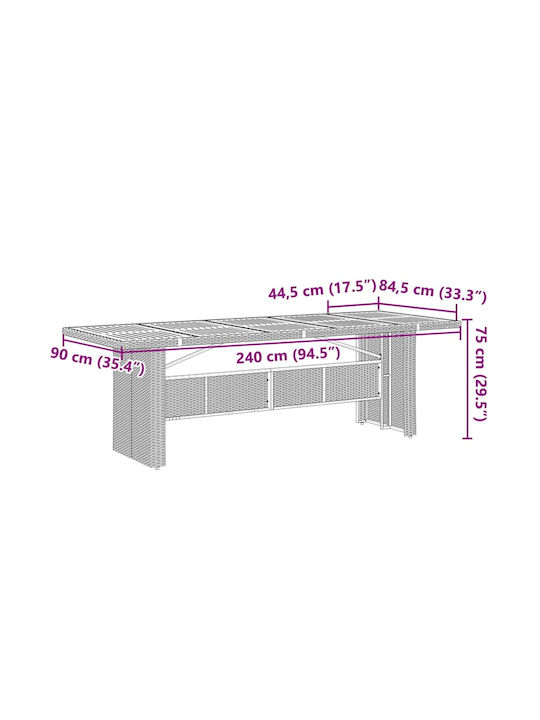 Masa pentru spații exterioare Rattan cu suprafață din sticlă Gri 240x90x75buc