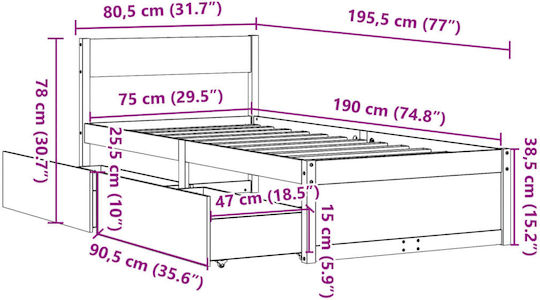 Bed Single Made of Solid Wood Brown with Slats for Mattress 75x190cm