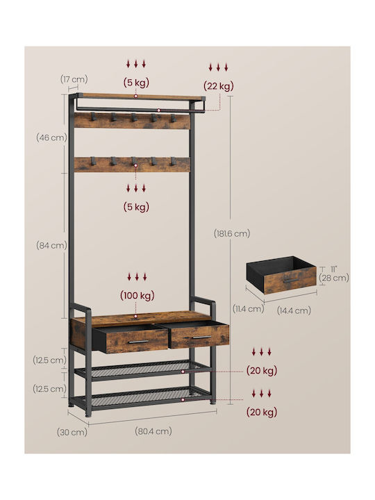 Eingangsmöbel mit Bank Vintage Brown/Black 80.4x30x181.6cm