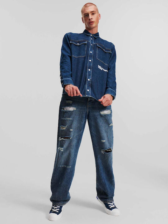 Μακρυμάνικo Τζιν Overshirt σε Κανονική Γραμμή Dark Aged Denim