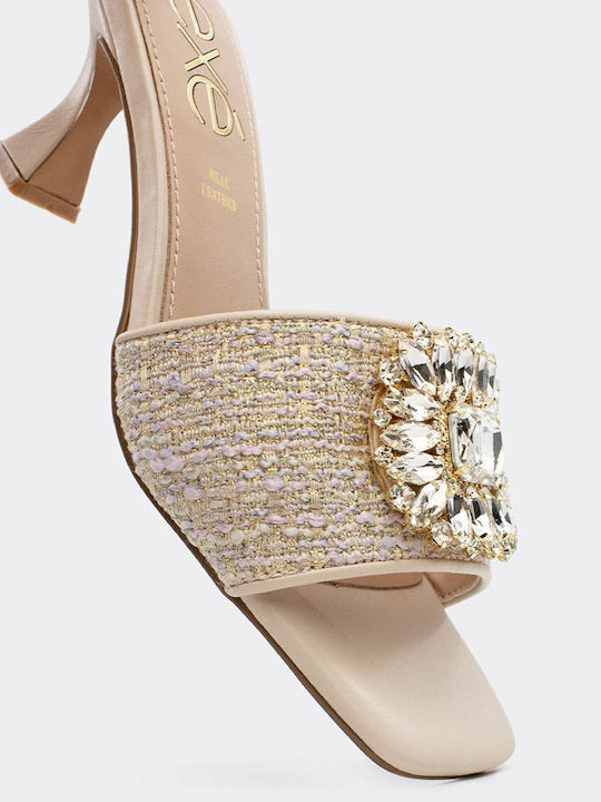 Mules with Thin High Heel in Beige Color