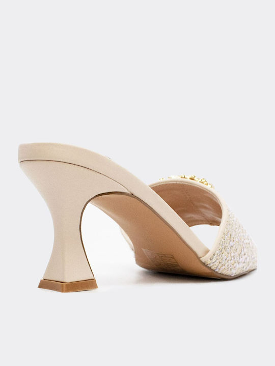 Mules with Thin High Heel in Beige Color