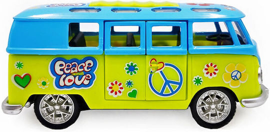 Mașinuță Miniaturală Metalică Vw Flower Power Bus cu Lumină și Sunet Albastru Verde
