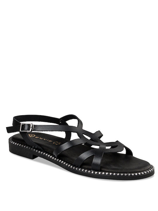 Envie Shoes Leather Women's Flat Sandals in Black Color