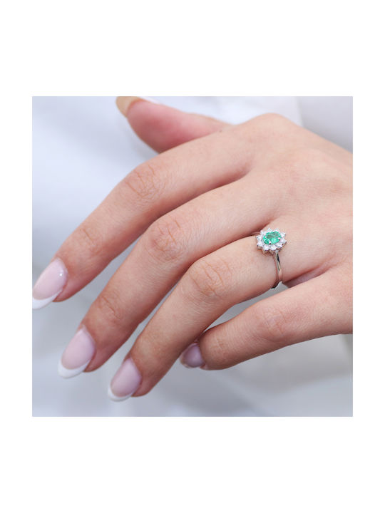 Rosette Ring with Emerald & Diamonds in 18K White Gold P-70743 18K White Gold