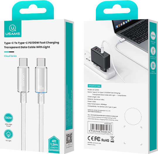 Usams US-SJ660 Braided LED USB 2.0 Cable USB-C Male - USB-C 100W PD White 1.2m