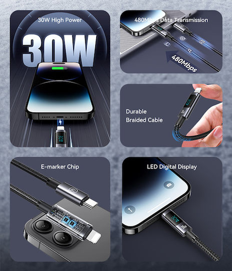 Usams Us-sj672 Braided USB-C to Lightning Cable 30W Μαύρο 1.2m (SJ672USB01)
