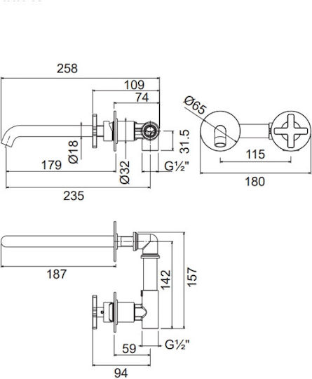 La Torre Elle Built-in Faucet Mixer for for Bathroom Sink 1 Exit Copper