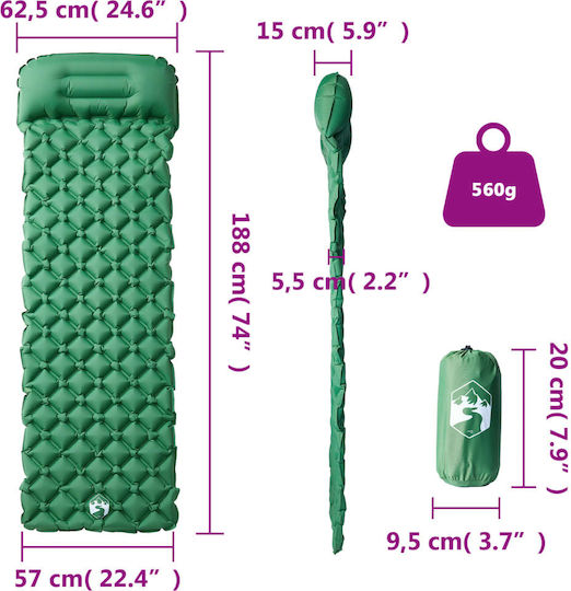 vidaXL Μονό Υπόστρωμα Camping 188x62cm Πάχους 5.5cm Πράσινο