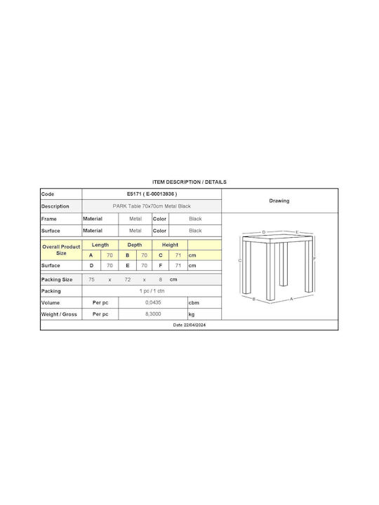 Μεταλλικό Τραπέζι Καφενείου Park Μαύρο 70x70x71εκ.