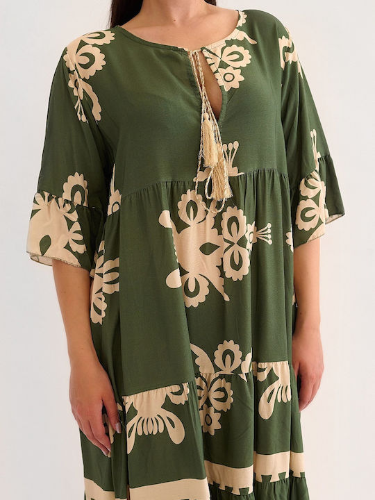 Sandy Khaki Printed Ruffle Kaftan Dress