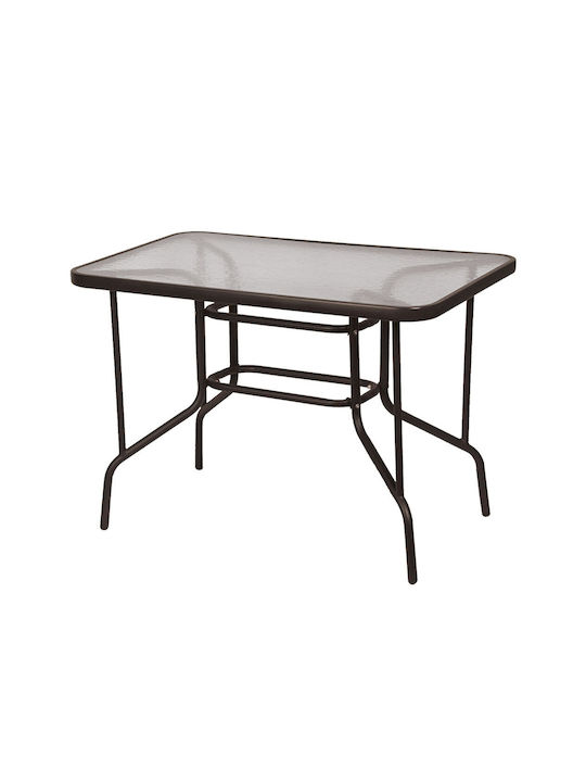 Outdoor Dinner Free Standing Table with Glass Surface and Metal Frame Brown 100x65x71cm